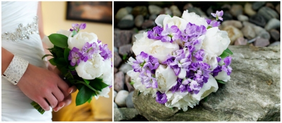 Beautiful white peonies and purple flowers wedding bouquet
