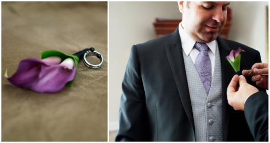 Groom in suit getting purple flower boutonniere