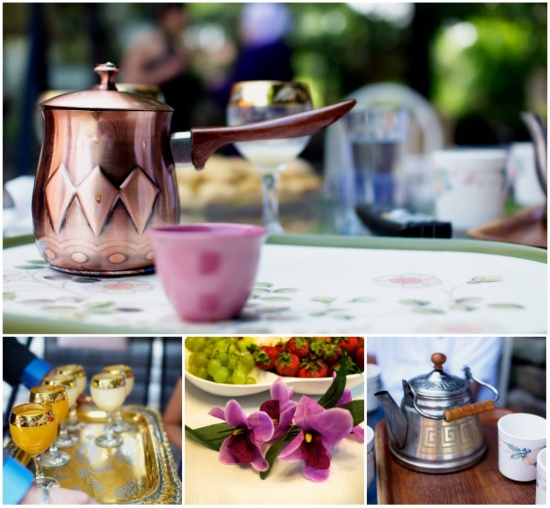 Outdoor tea party with copper pot and treats