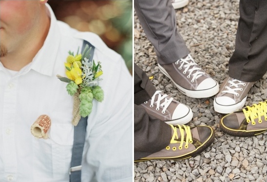 Groom's yellow boutonniere and gray Converse shoes