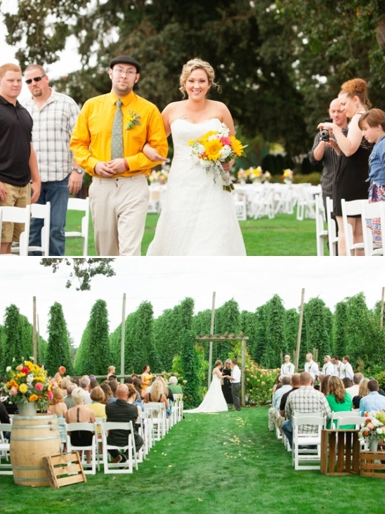 Bride escorted outdoors at a scenic wedding ceremony