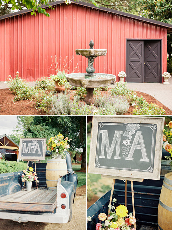 Outdoor barn wedding venue with fountain and pickup truck