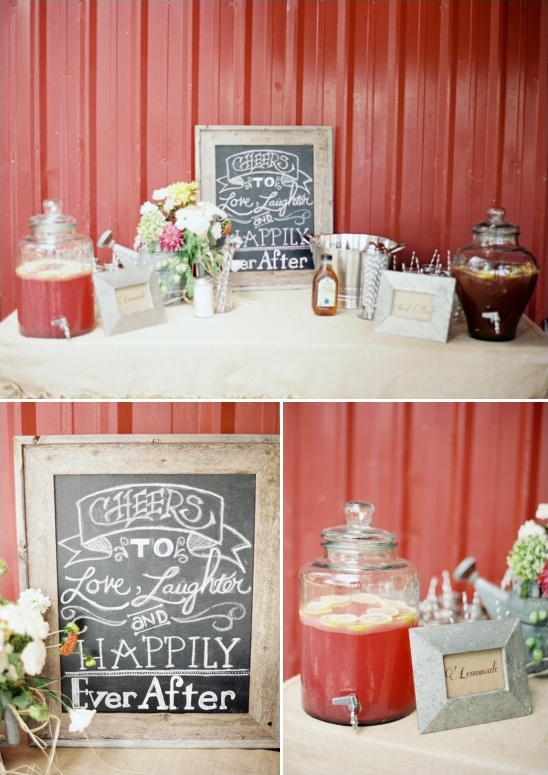 Rustic wedding beverage station with lemonade drinks