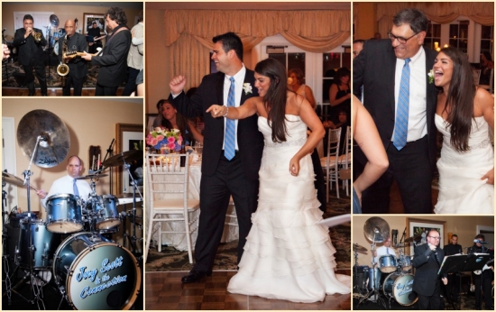 Wedding reception band and happy couple dancing