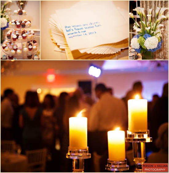 Wedding reception details: cupcakes, candles, and napkins