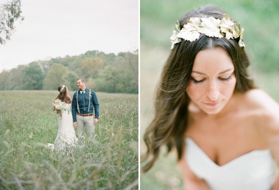 Wedding couple in a field with bride in leaf crown