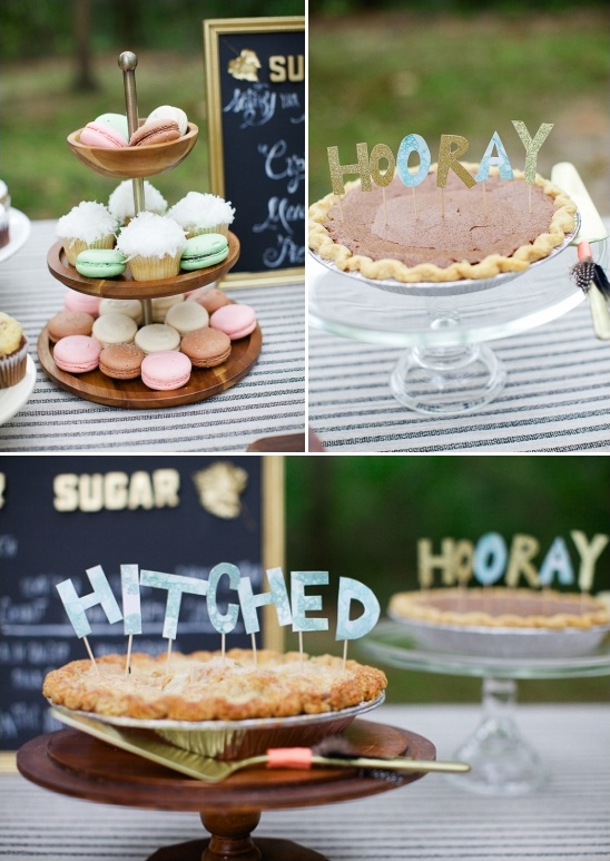 Wedding dessert table with macarons and pies