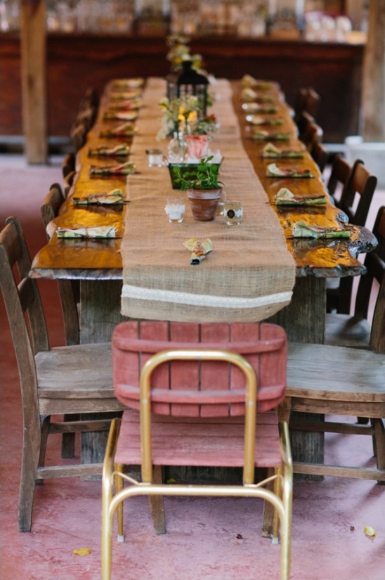 rustic outdoor family style reception decor