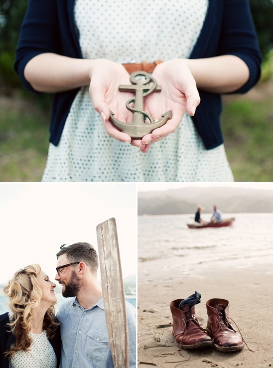Woman holding nautical anchor; engagement photo