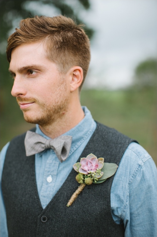 succulent boutonniere and bow tie groom look
