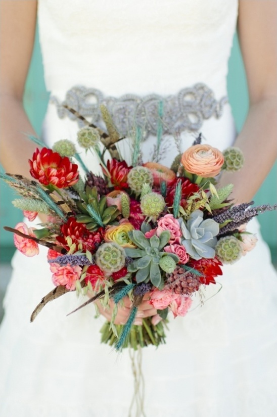 feather succulent and floral bouquet