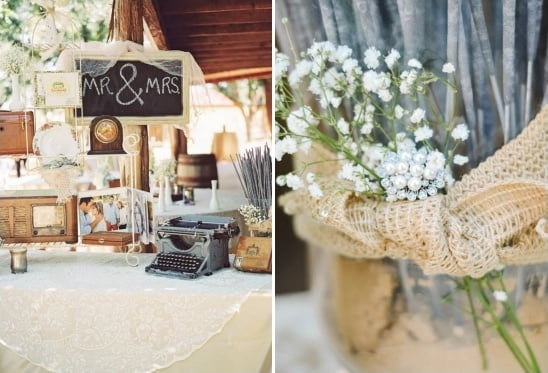 reception welcome table decorated with babys breath and lace