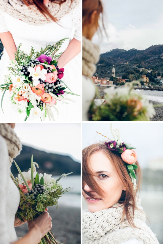 Beautiful bride's winter wedding bouquet and floral crown