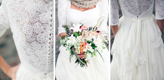 Elegant lace wedding dress details and bridal bouquet