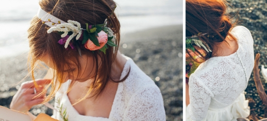 Bride in white lace dress with floral crown