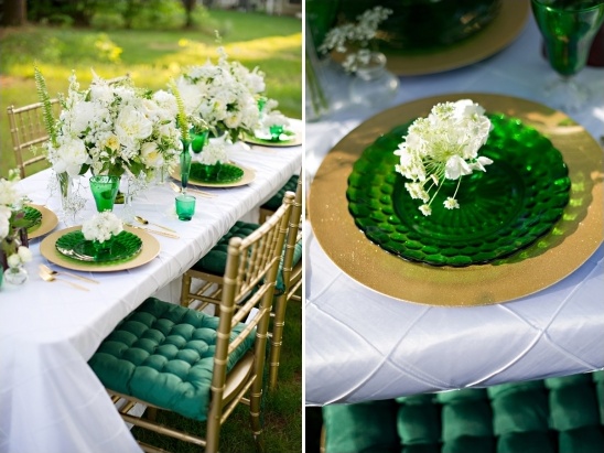 emerald green and gold table decor
