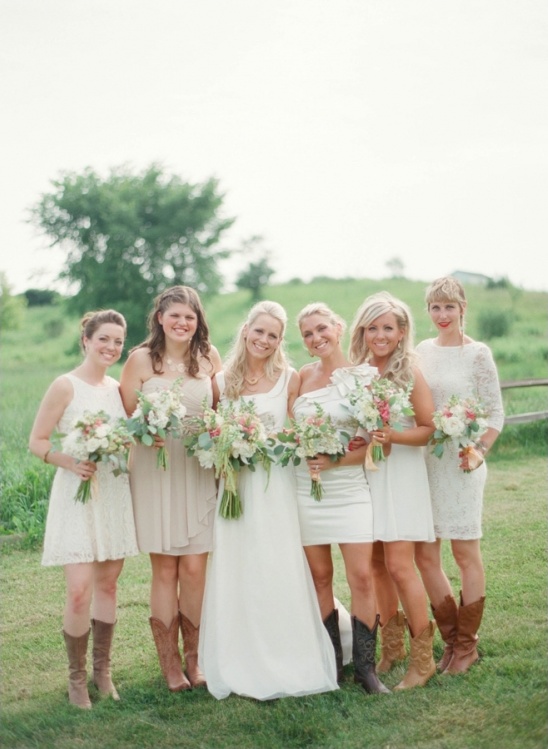 mismatched white bridesmaids in cowboy boots
