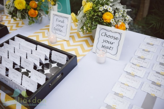 Wedding seating arrangement display with flowers and signs