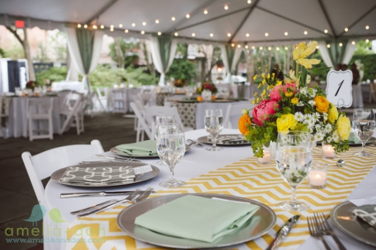 Elegant wedding reception tables with floral centerpieces
