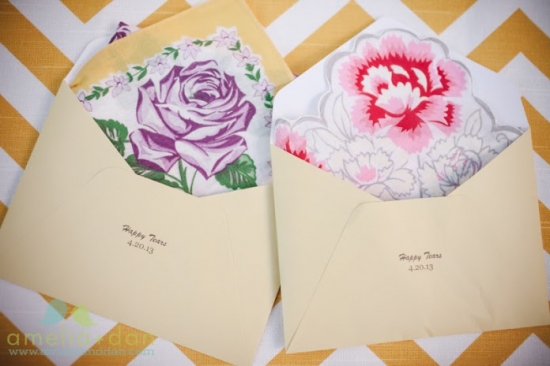 Two cream envelopes with floral handkerchiefs and Happy Tears text