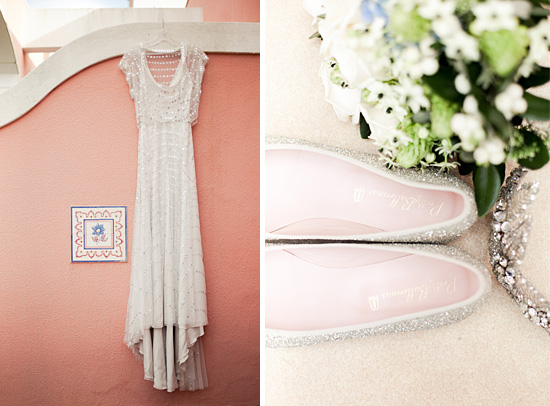 Elegant wedding dress and ballet flats with floral bouquet details
