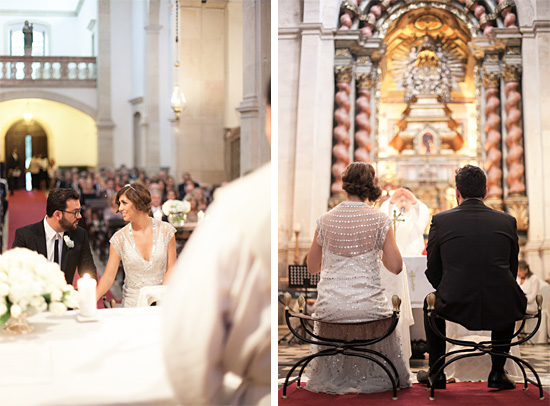 Bride and groom at church wedding ceremony, vows of love
