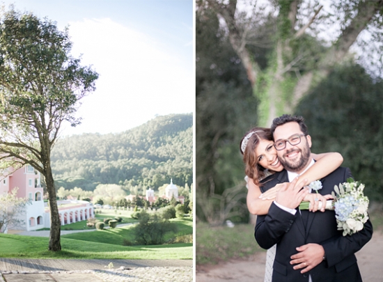 Wedding photo of happy couple embracing in a beautiful setting
