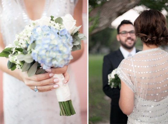 Bride with blue hydrangea bouquet, wedding ceremony with groom