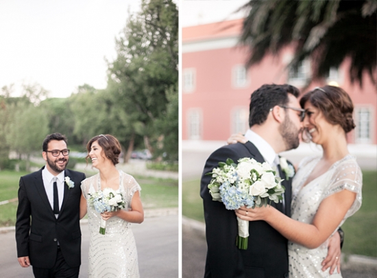 Happy bride and groom smiling on their wedding day