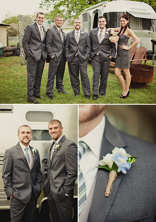 gray groomsmen look with blue accents