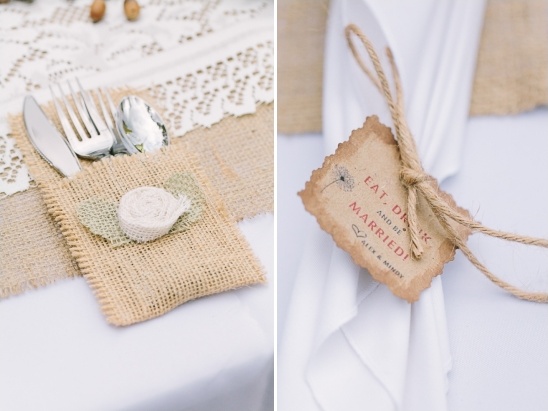 burlap silverware pockets and eat drink and be married napkin tags