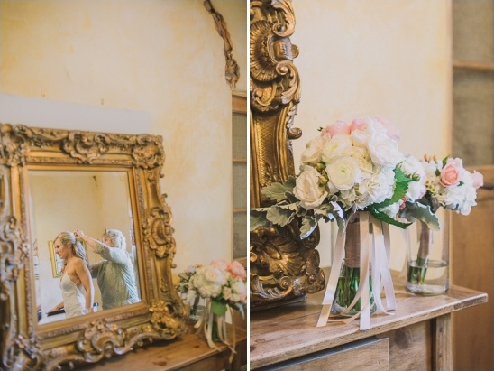 Bride getting ready mirror and wedding bouquet details