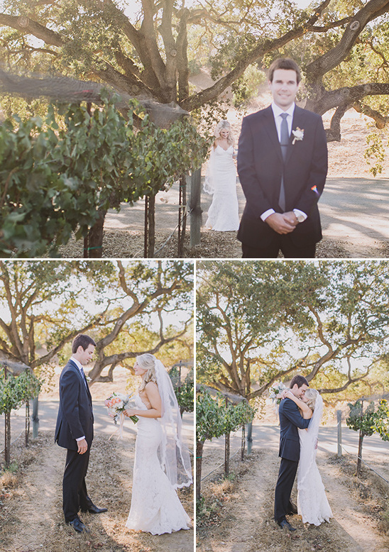 Bride and groom first look vineyard wedding photos