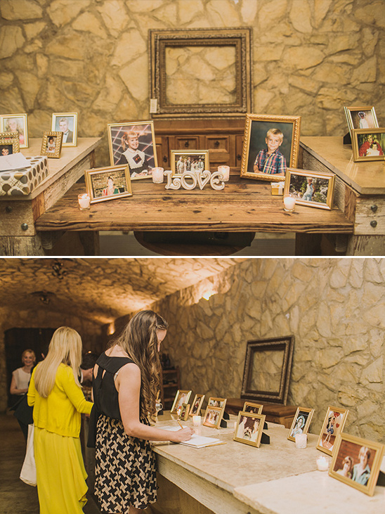 framed family photos at the reception welcome table