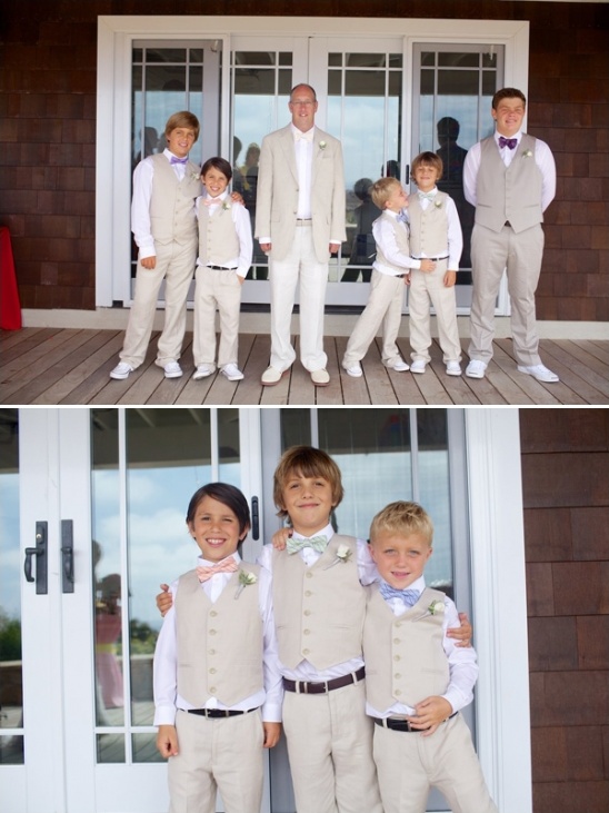 the groom and his men in beige suits and bow ties