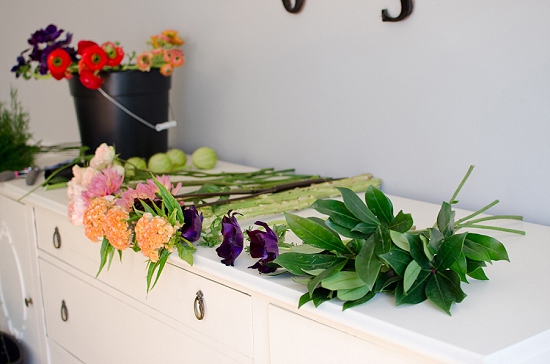 Fresh cut flower arrangement on a white sideboard
