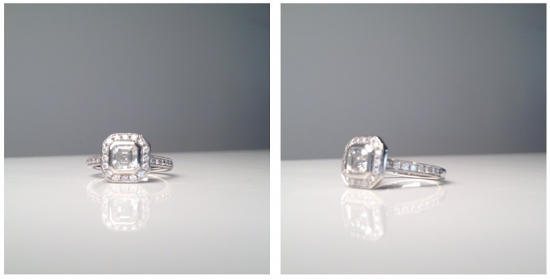 Elegant diamond engagement ring with a square halo setting