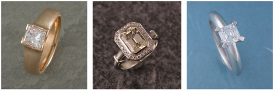 Here are some alt tags for the image, focusing on different aspects:

*   Diamond engagement rings with various settings 
*   Jewelry image showing three stunning diamond rings 
*   Gold and silver rings with brilliant diamond stones
