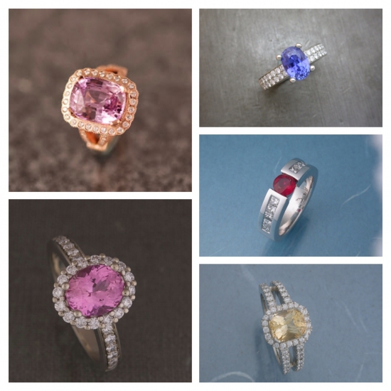 Various elegant gemstone rings with sparkling diamonds