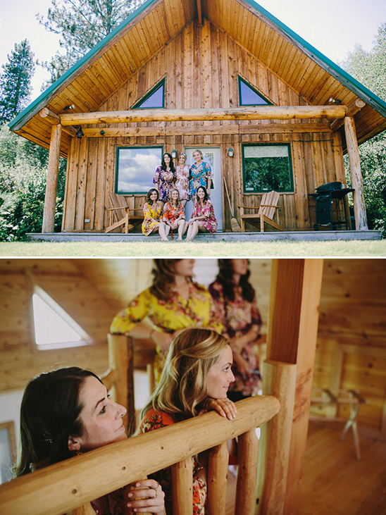Bridesmaids in floral robes, enjoying a cabin wedding getaway