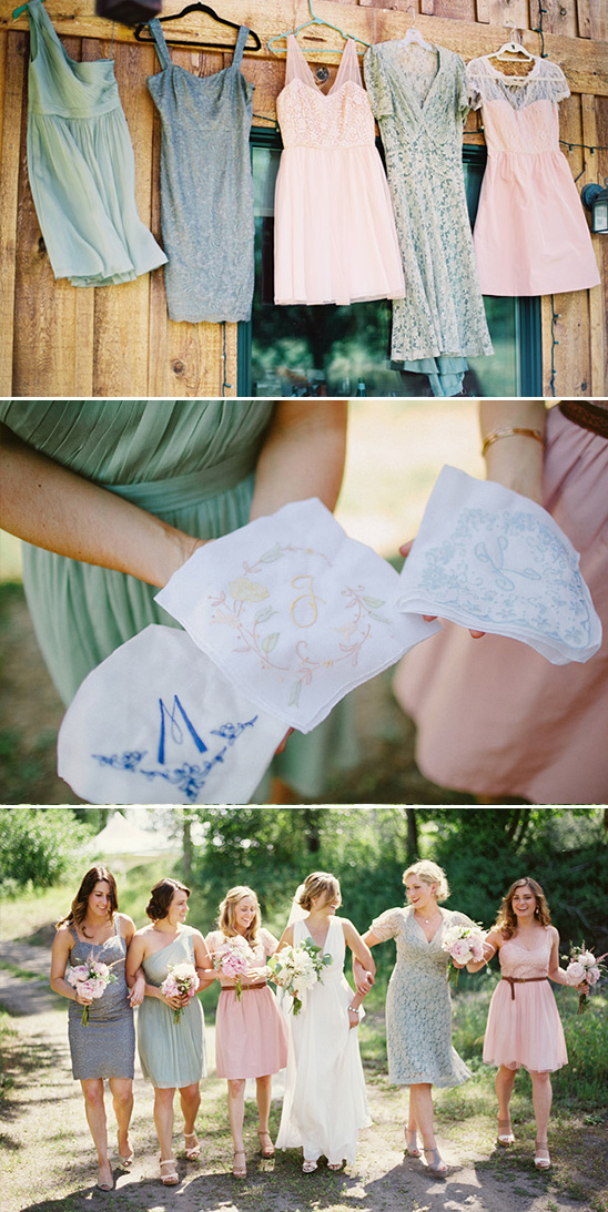 mismatched bridesmaids dresses and customized handkerchiefs