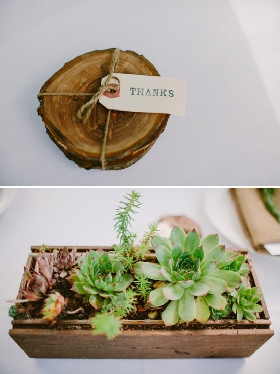 rustic coaster wedding favors and succulent centerpiece