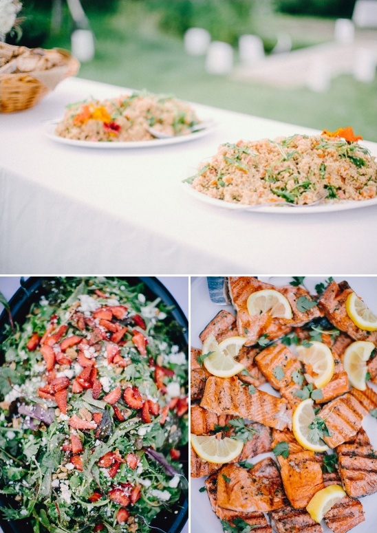 Delicious grilled salmon and fresh salad buffet spread