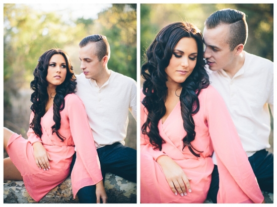 Romantic couple in pink dress, outdoor engagement photo