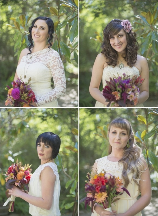 Four brides in wedding dresses with colorful bouquets