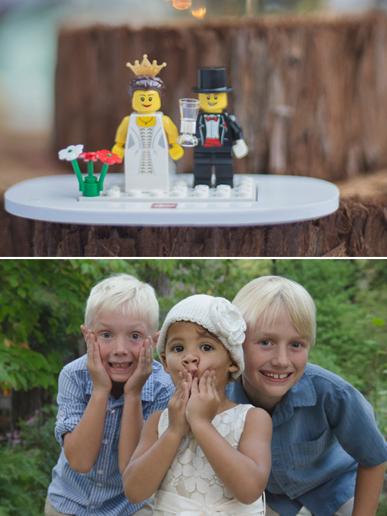 Lego bride and groom with three excited children