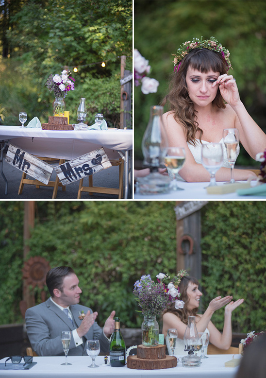 Emotional bride and groom at rustic wedding reception