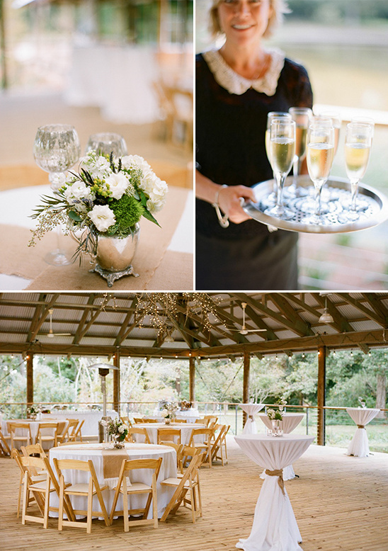 Outdoor wedding reception with champagne and flowers