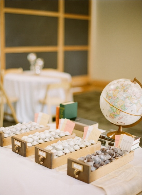 Vintage library card catalog with globe and sweets