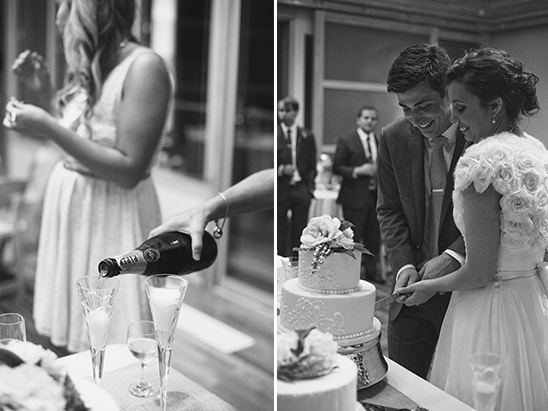 Black and white wedding celebration cake and champagne